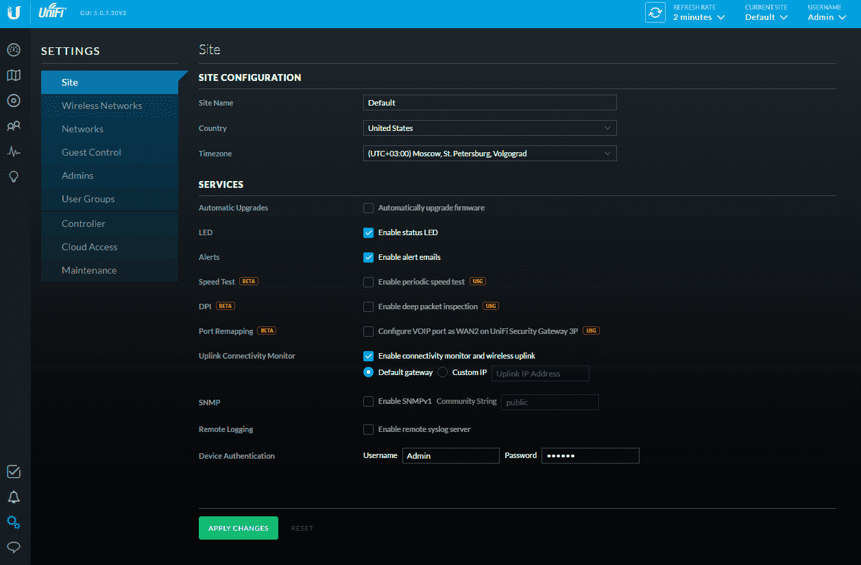 Интерфейс UniFi controller 5.0.7 Настройка UniFi controller 5.0.7