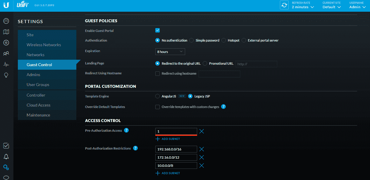 Интерфейс UniFi controller 5.0.7 Настройка UniFi controller 5.0.7