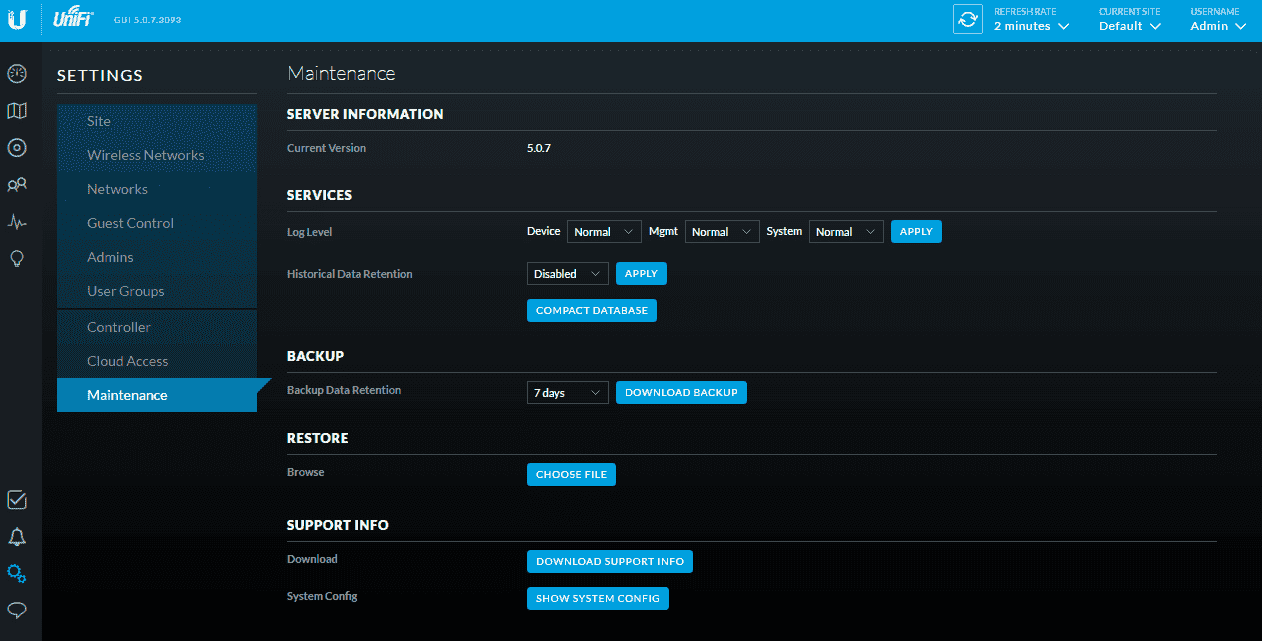 Интерфейс UniFi controller 5.0.7 Настройка UniFi controller 5.0.7